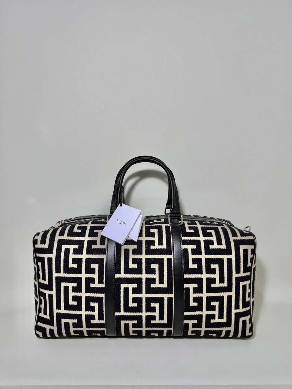 Balmain Black & Cream Logo Jacquard Duffel Bag